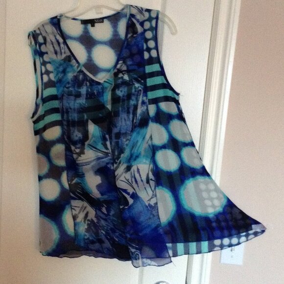 Ness Women's Blue Sheer Sleeveless Top Blouse Tunic Flowy Romantic Size  L Beach - Picture 3 of 7